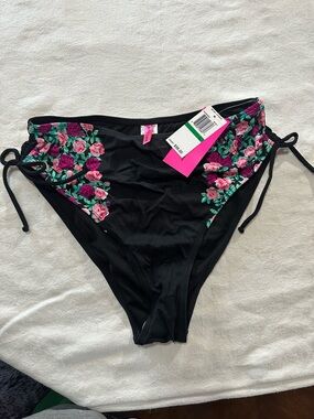 Betsey Johnson Black Bikini Bottom with Pink & Teal Floral Accents